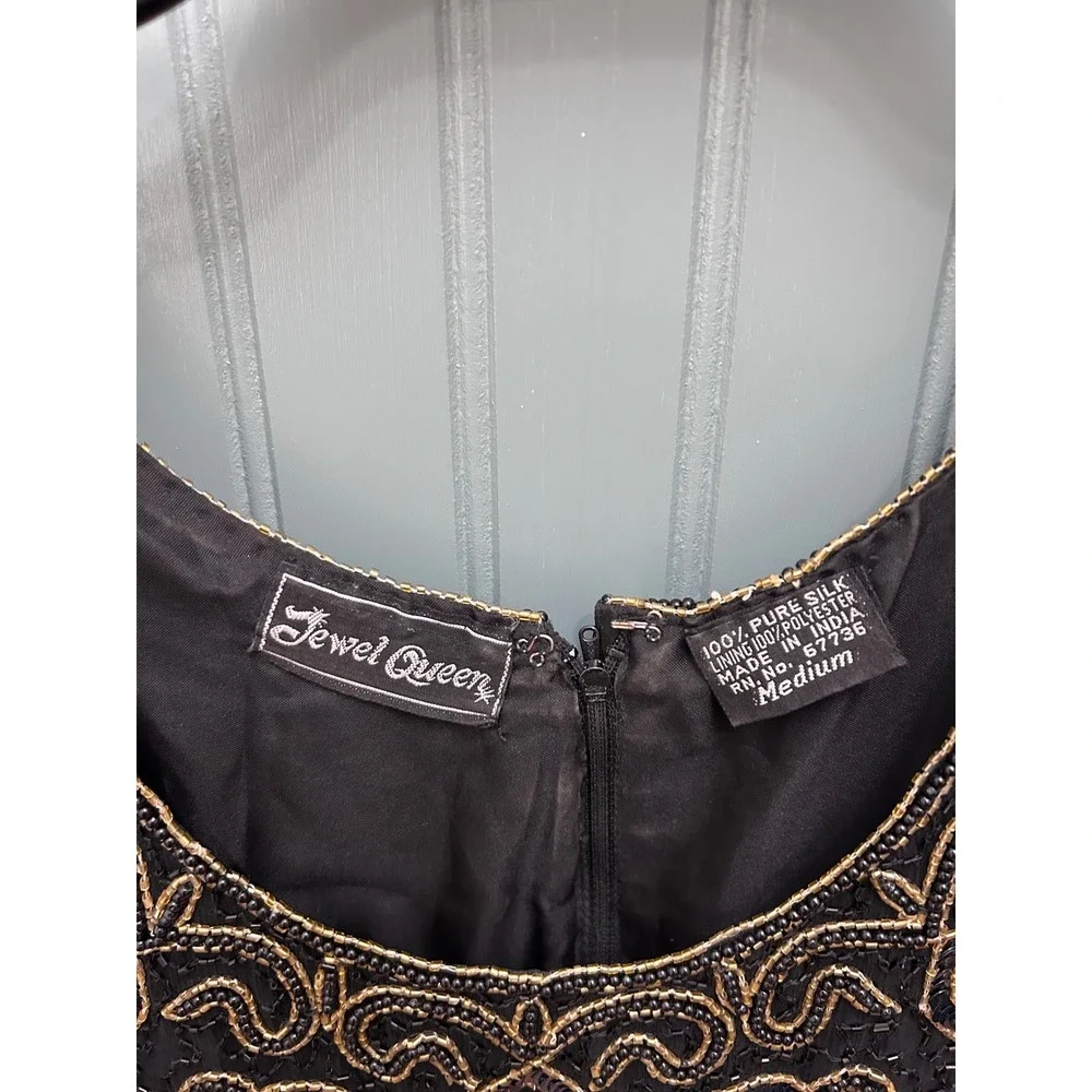 Jewel Queen Vintage‎ Black Silk Sequin Beaded Cocktail Dress Womens Medium Gold